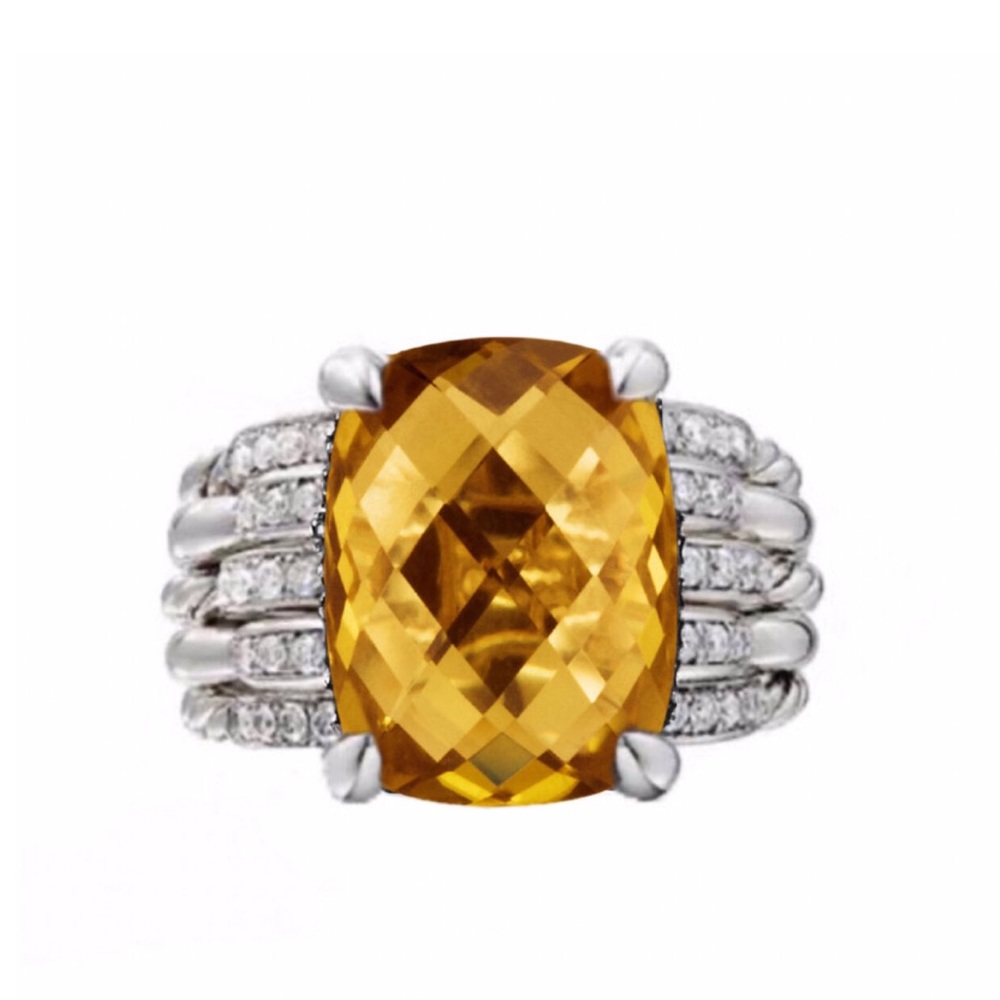 David Yurman Tides Silver Ring 16x12mm Citrine & Diamonds Size 8,5 STUNNIG